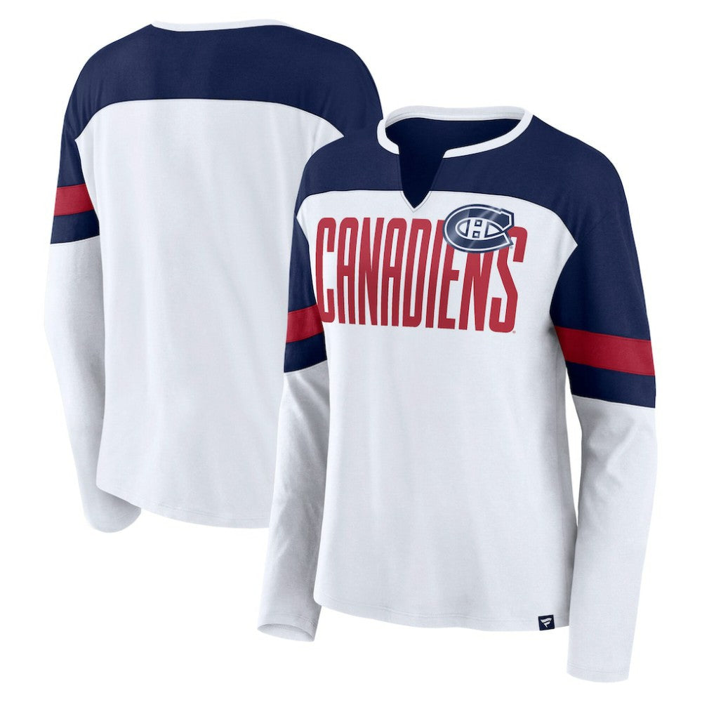 Montreal Canadiens Fanatics Women's Frozen Long Sleeve Notch Neck T-Shirt - White/Navy - NHL