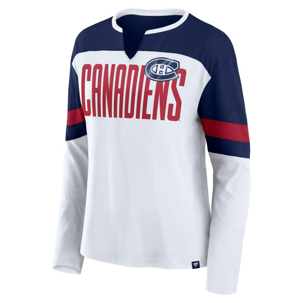 Montreal Canadiens Fanatics Women's Frozen Long Sleeve Notch Neck T-Shirt - White/Navy - NHL
