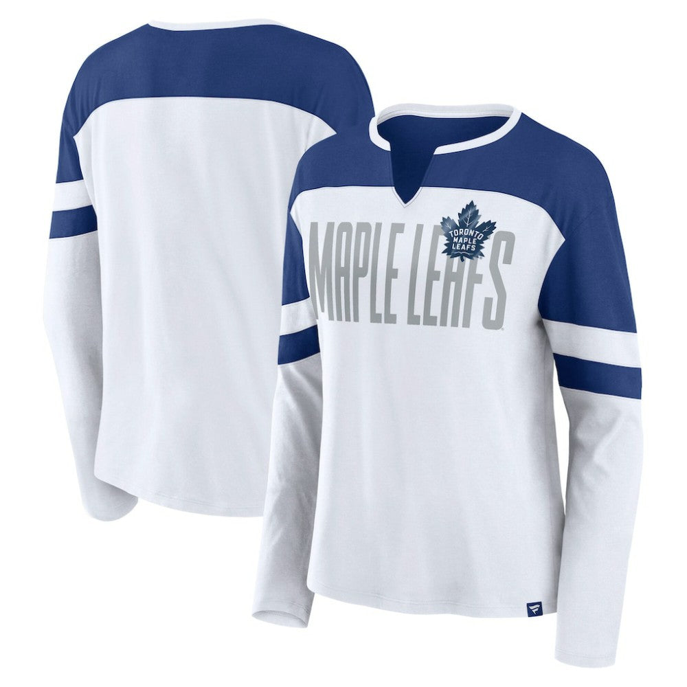 Toronto Maple Leafs Fanatics Women's Frozen Long Sleeve Notch Neck T-Shirt - White/Blue - NHL