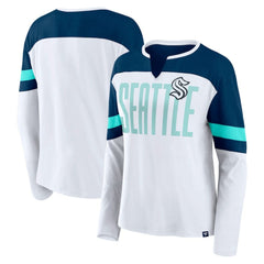 Seattle Kraken Fanatics Women's Frozen Long Sleeve Notch Neck T-Shirt - White/Deep Sea Blue - NHL