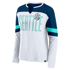 Seattle Kraken Fanatics Women's Frozen Long Sleeve Notch Neck T-Shirt - White/Deep Sea Blue - NHL