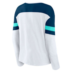 Seattle Kraken Fanatics Women's Frozen Long Sleeve Notch Neck T-Shirt - White/Deep Sea Blue - NHL
