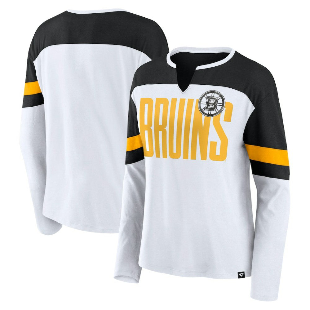 Boston Bruins Fanatics Women's Frozen Long Sleeve Notch Neck T-Shirt - White/Black - NHL
