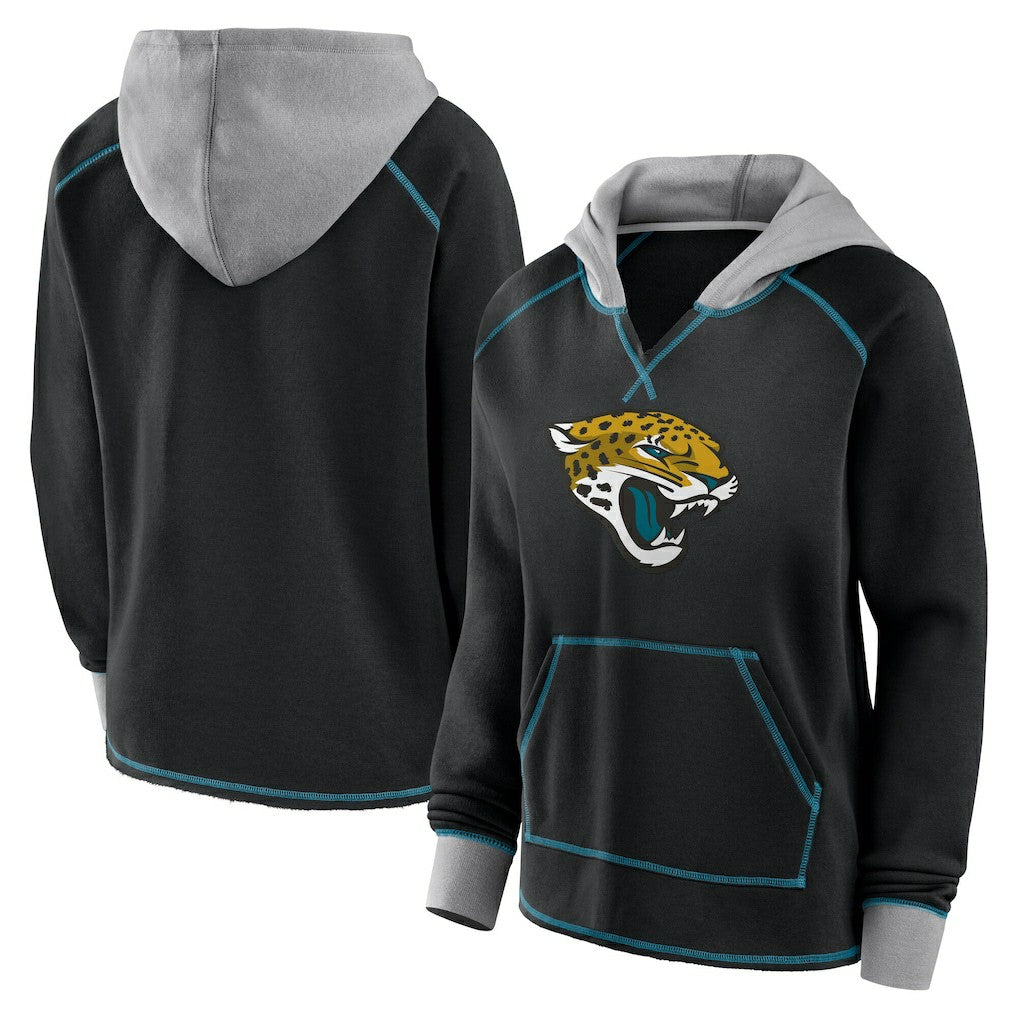 Jacksonville Jaguars Logo Athletic Women's Boom Fleece Pullover V-Neck Hoodie Black | NFL