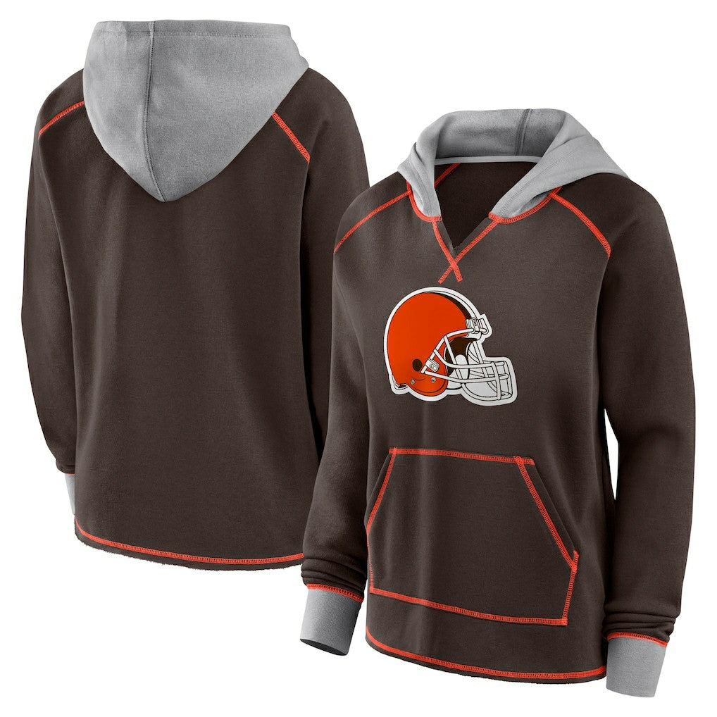 Cleveland Browns Logo Athletic Women's Boom Fleece Pullover V-Neck Hoodie Brown | NFL