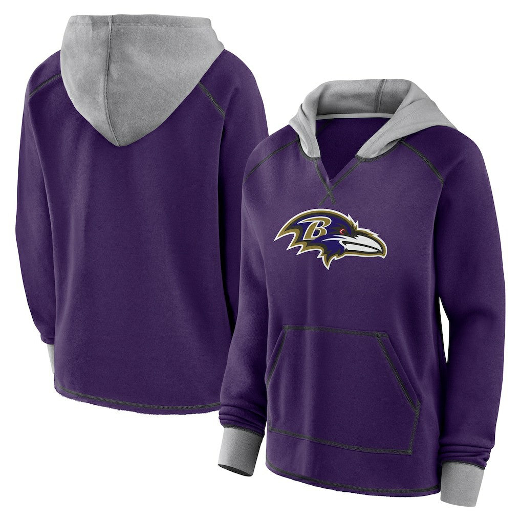 Baltimore Ravens Logo Athletic Women's Boom Fleece Pullover V-Neck Hoodie Purple | NFL
