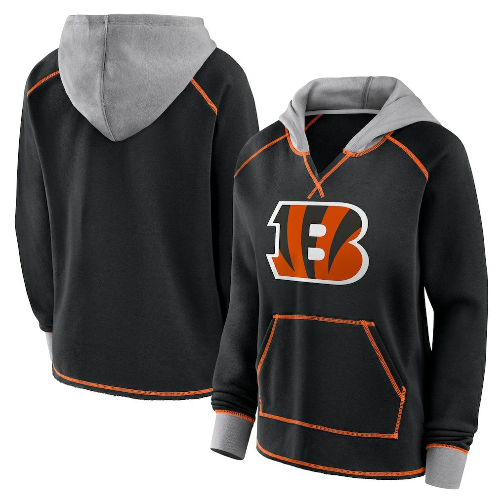 Cincinnati Bengals Logo Athletic Women's Boom Fleece Pullover V-Neck Hoodie Black | NFL