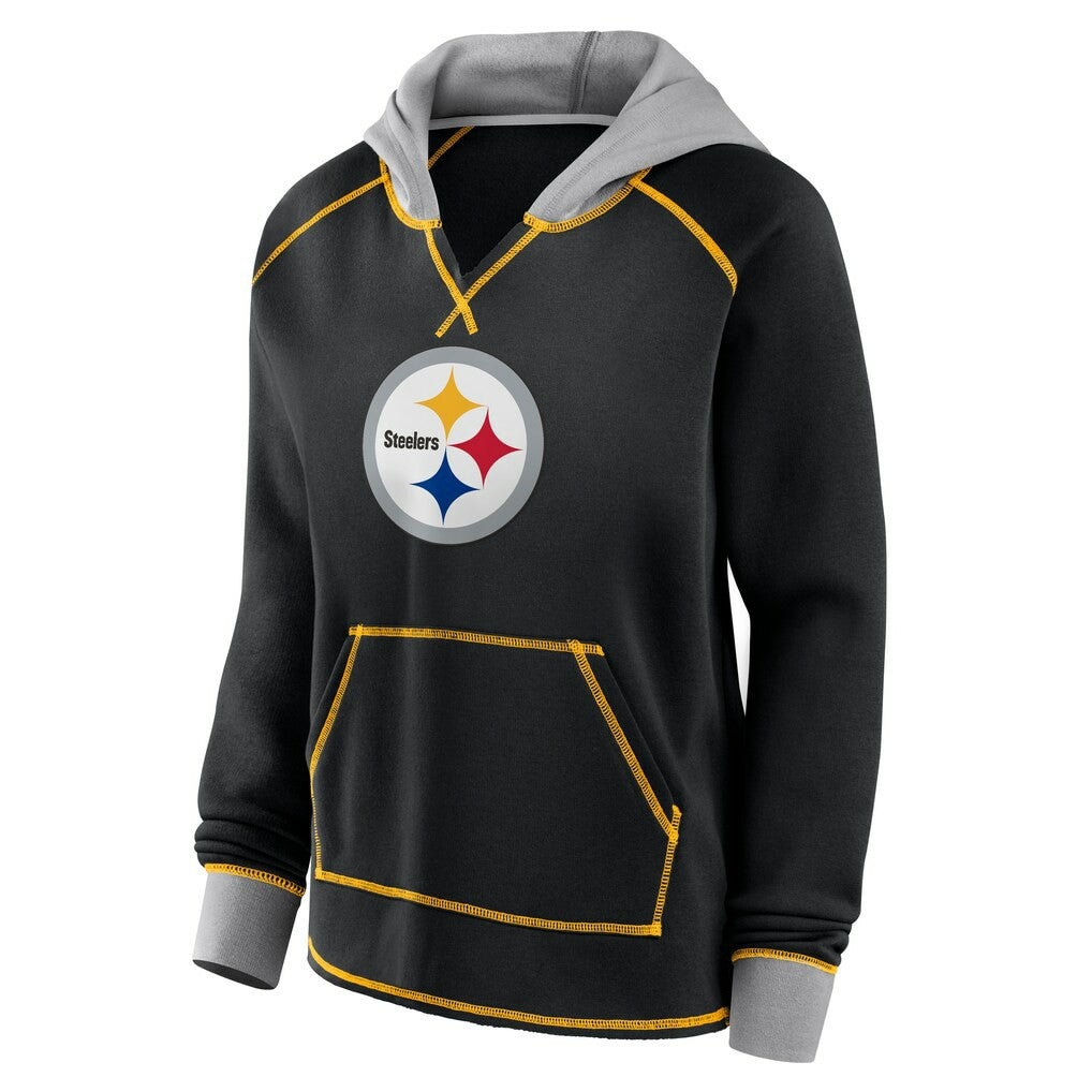 Pittsburgh Steelers Logo Athletic Women's Boom Fleece Pullover V-Neck Hoodie Black | NFL