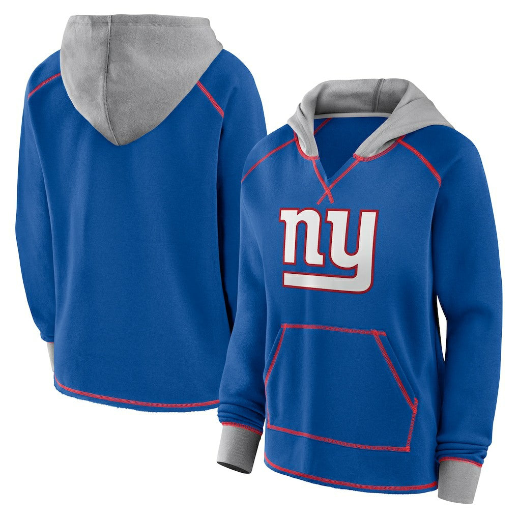 New York Giants Logo Athletic Women's Boom Fleece Pullover V-Neck Hoodie Royal | NFL