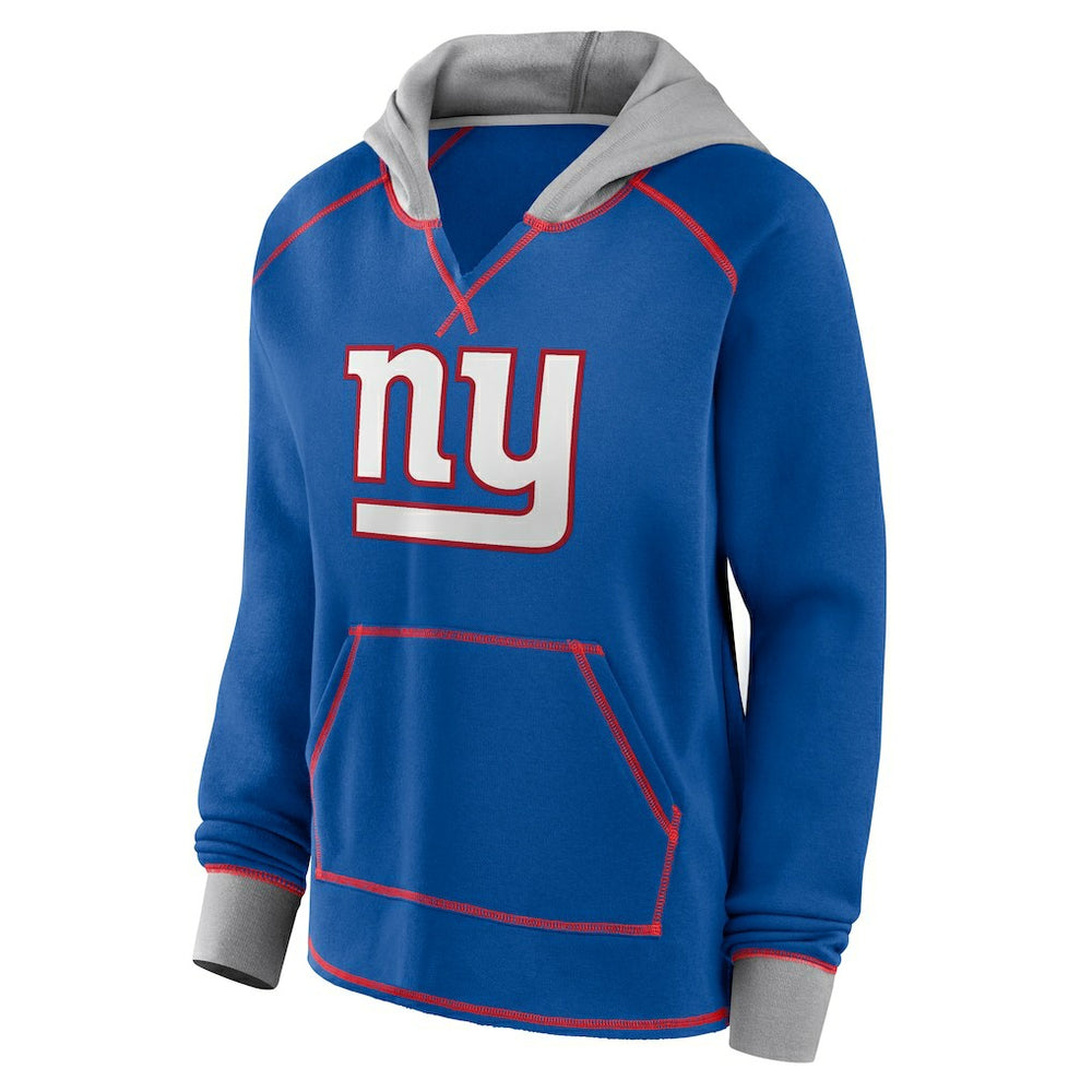 New York Giants Logo Athletic Women's Boom Fleece Pullover V-Neck Hoodie Royal | NFL
