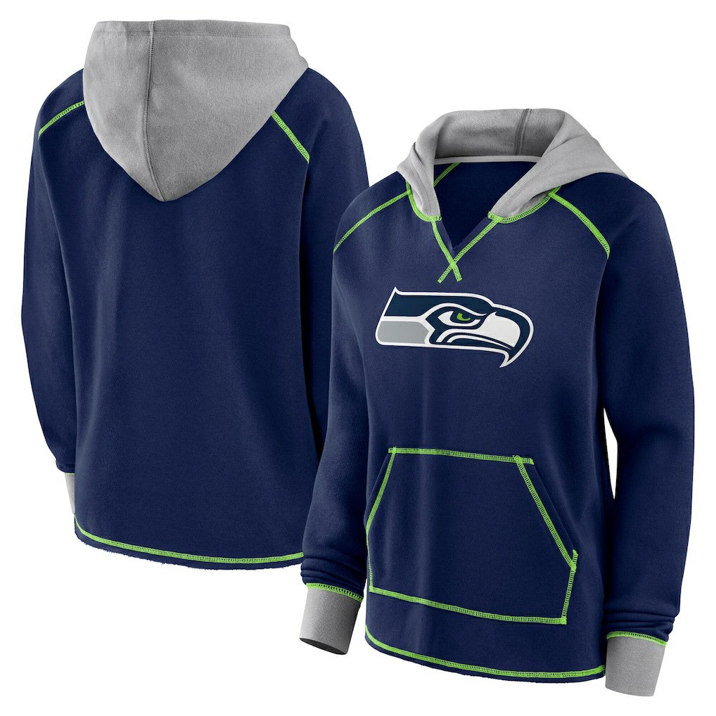 Seattle Seahawks Logo Athletic Women's Boom Fleece Pullover V-Neck Hoodie College Navy | NFL