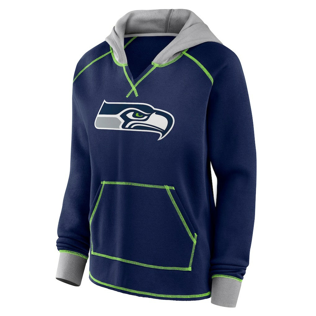 Seattle Seahawks Logo Athletic Women's Boom Fleece Pullover V-Neck Hoodie College Navy | NFL