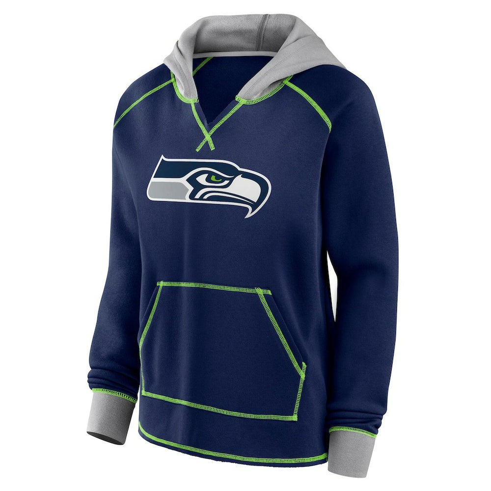 Seattle Seahawks Logo Athletic Women's Boom Fleece Pullover V-Neck Hoodie College Navy | NFL
