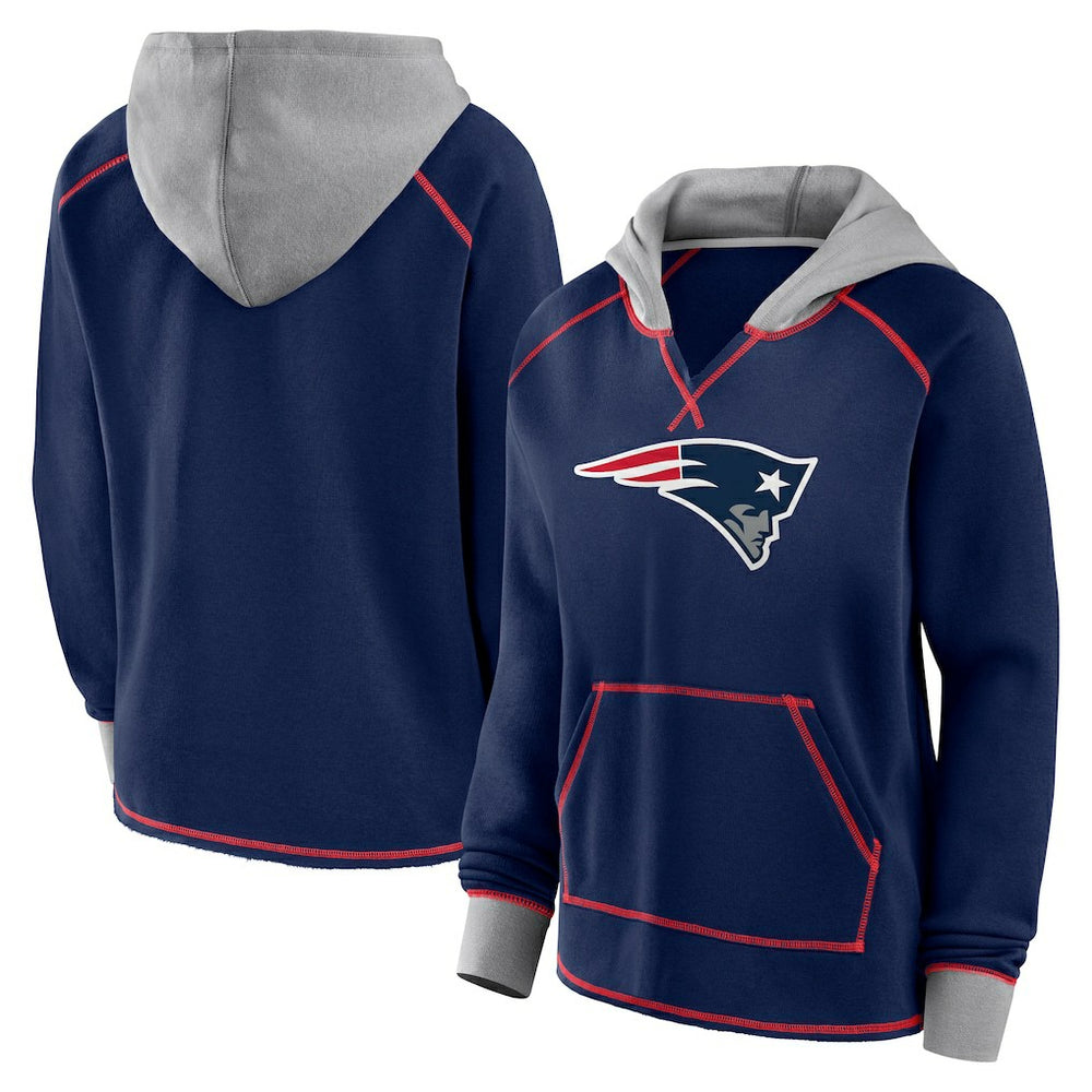 New England Patriots Logo Athletic Women's Boom Fleece Pullover V-Neck Hoodie Navy | NFL