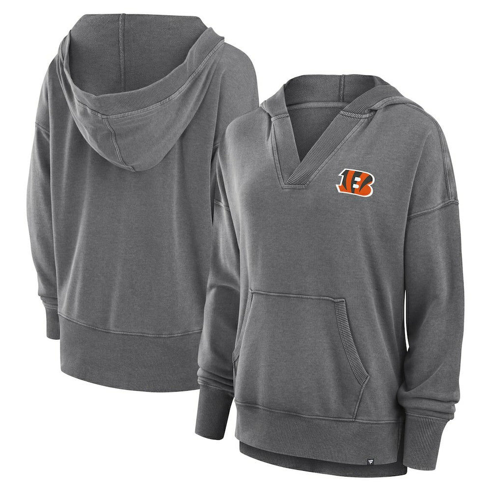 Cincinnati Bengals Women's Initiative Snow Wash French Terry V-Neck Pullover Hoodie Heather Charcoal | Fanatics
