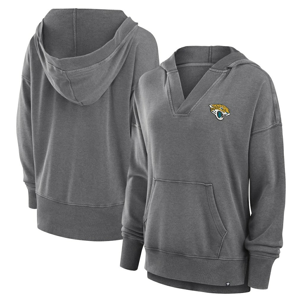 Jacksonville Jaguars Women's Initiative Snow Wash French Terry V-Neck Pullover Hoodie Heather Charcoal | Fanatics