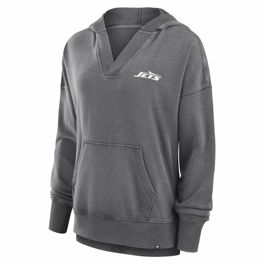 New York Jets Women's Initiative Snow Wash French Terry V-Neck Pullover Hoodie Heather Charcoal | Fanatics