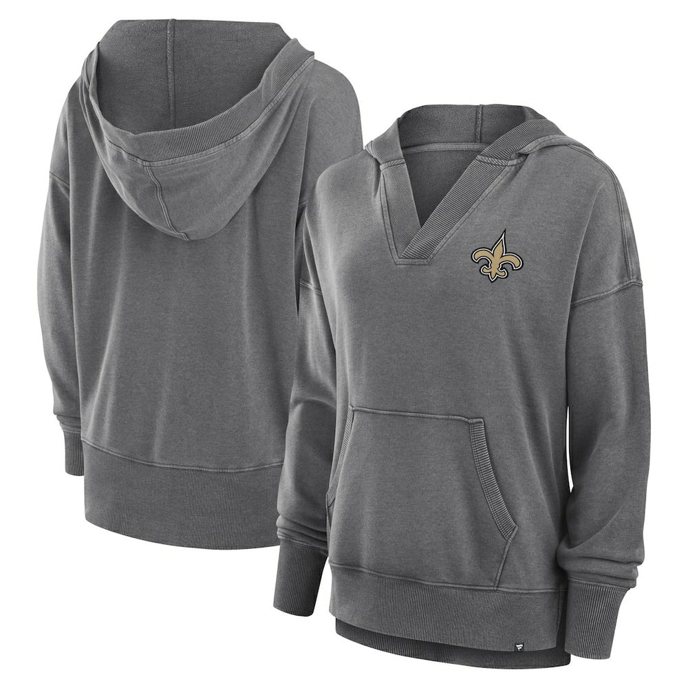 New Orleans Saints Women's Initiative Snow Wash French Terry V-Neck Pullover Hoodie Heather Charcoal | Fanatics