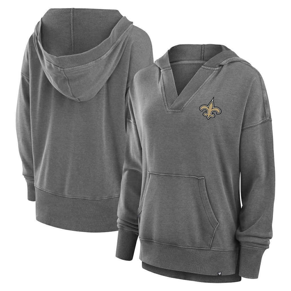 New Orleans Saints Women's Initiative Snow Wash French Terry V-Neck Pullover Hoodie Heather Charcoal | Fanatics