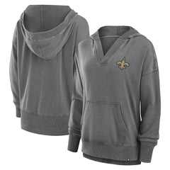 New Orleans Saints Women's Initiative Snow Wash French Terry V-Neck Pullover Hoodie Heather Charcoal | Fanatics