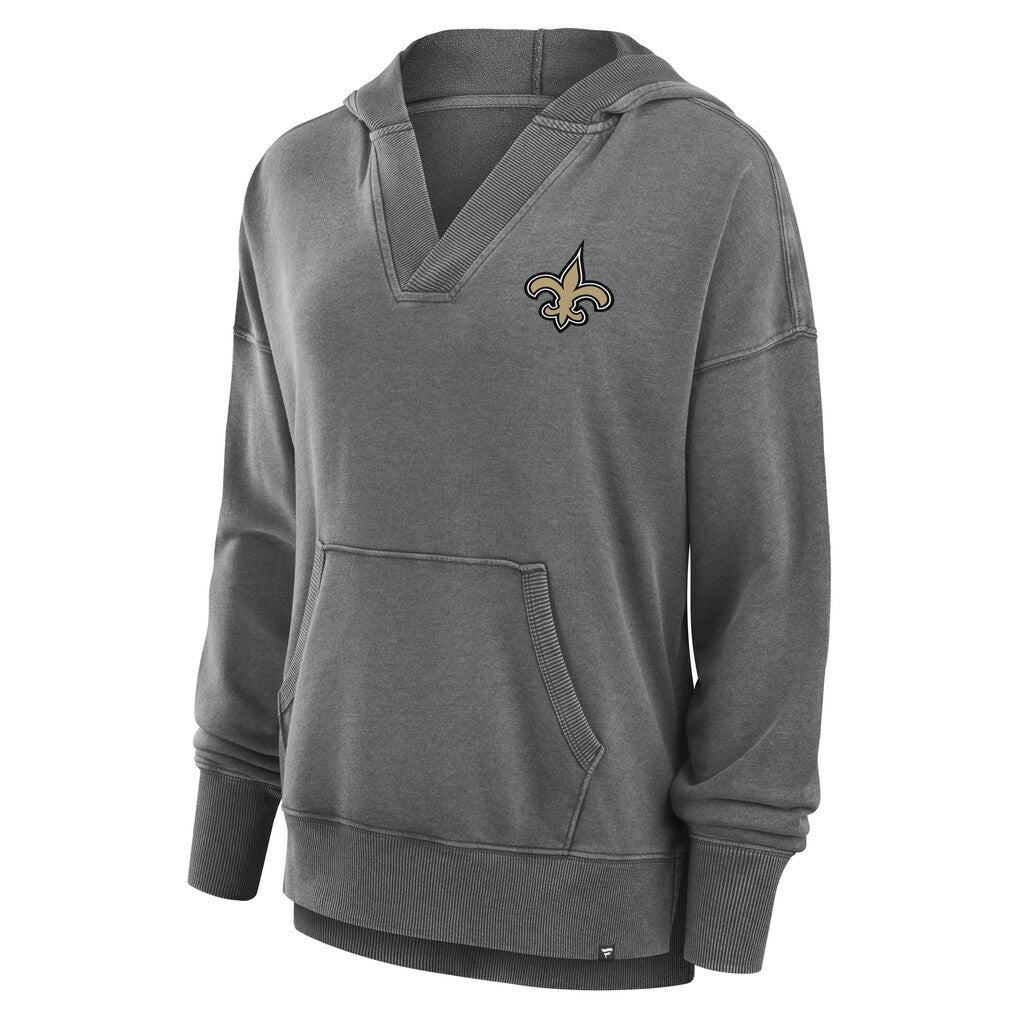 New Orleans Saints Women's Initiative Snow Wash French Terry V-Neck Pullover Hoodie Heather Charcoal | Fanatics