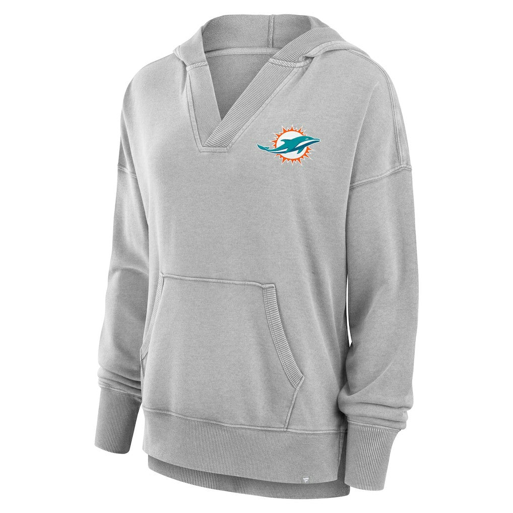 Miami Dolphins Women's Initiative Snow Wash French Terry V-Neck Pullover Hoodie Heather Gray | Fanatics