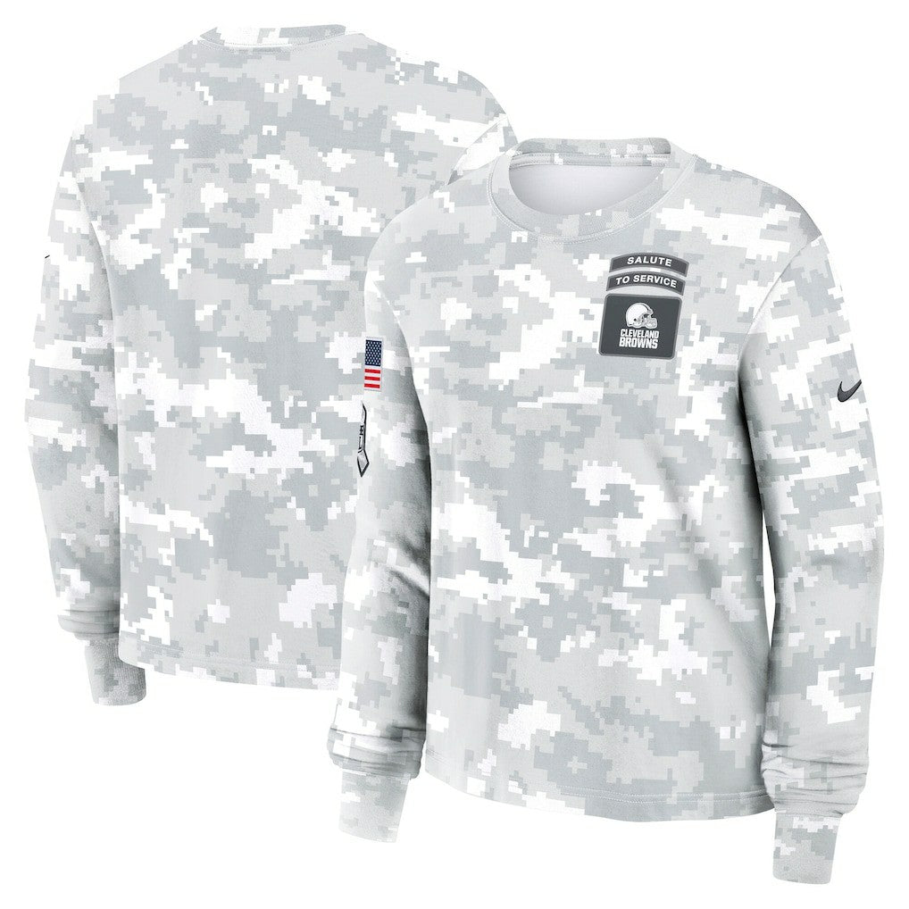 Cleveland Browns Women's 2024 Salute To Service Dri-FIT Long Sleeve T-Shirt Arctic Camo | Nike for Sale