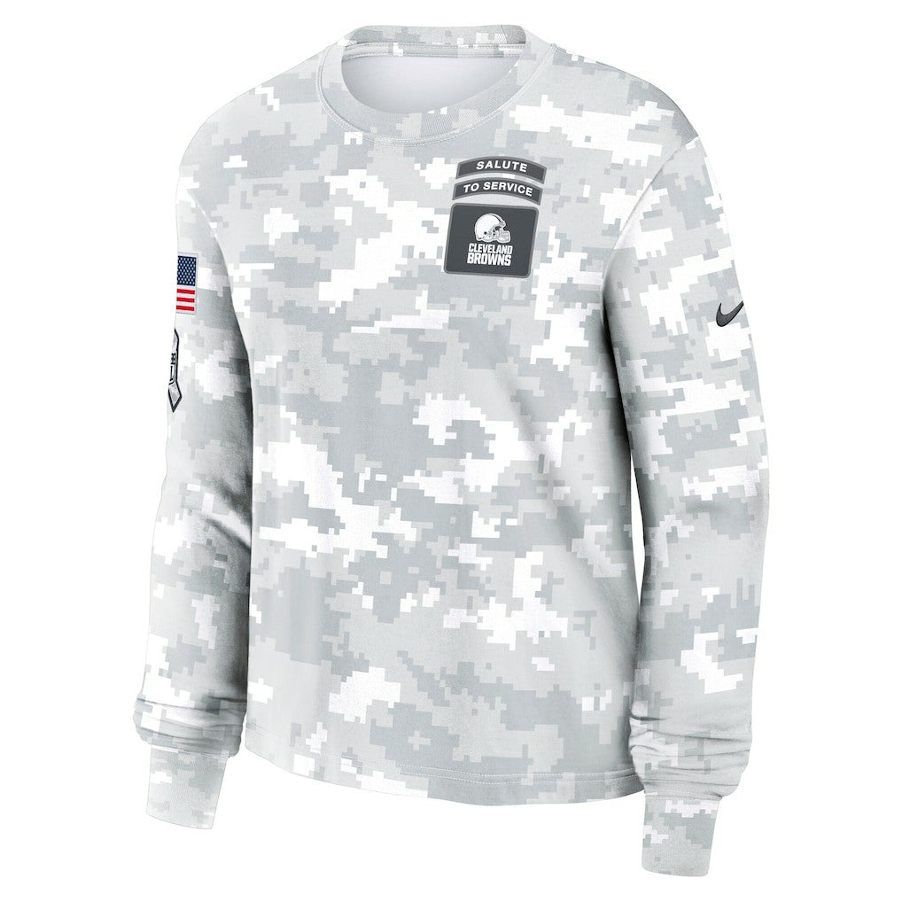 Cleveland Browns Women's 2024 Salute To Service Dri-FIT Long Sleeve T-Shirt Arctic Camo | Nike for Sale