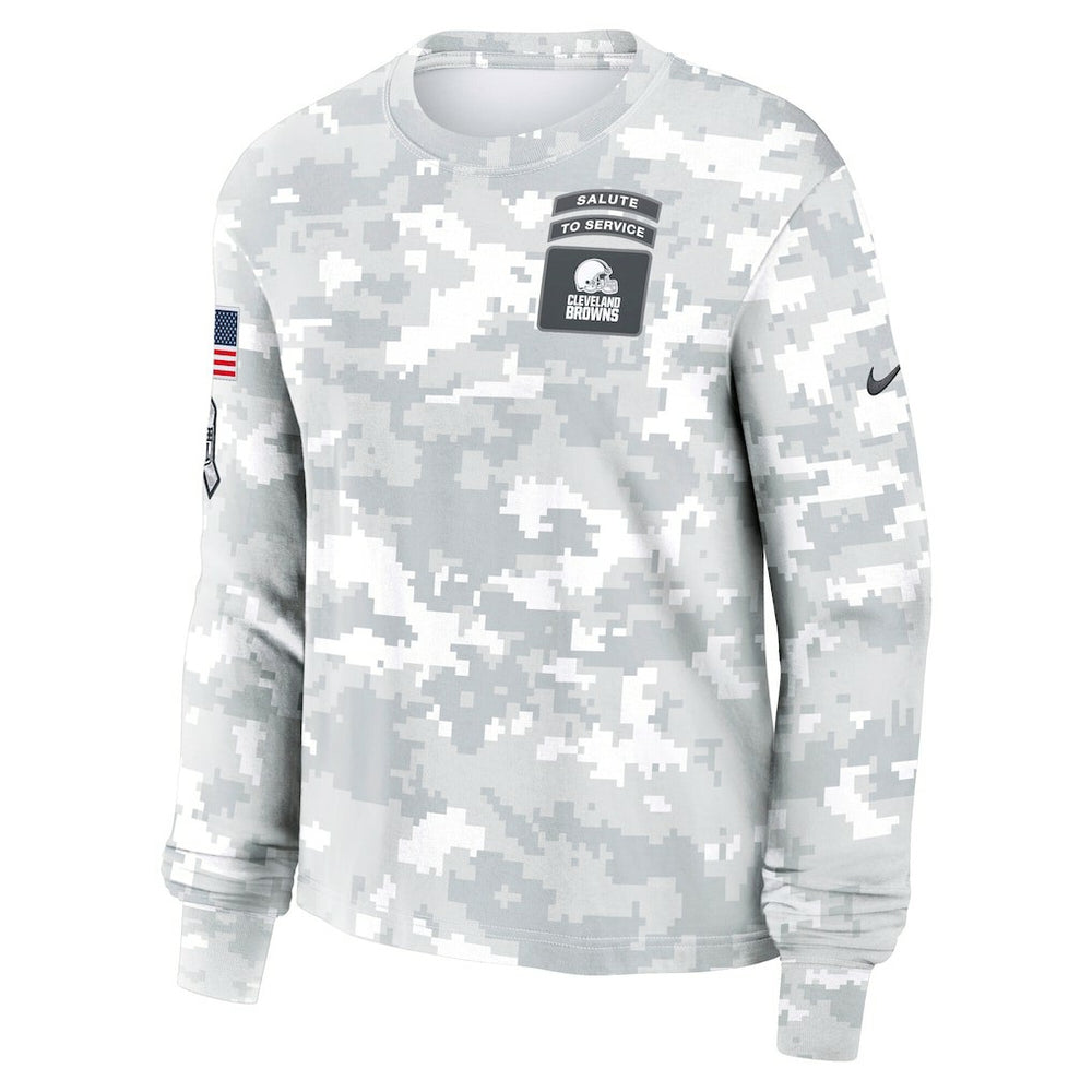 Cleveland Browns Women's 2024 Salute To Service Dri-FIT Long Sleeve T-Shirt Arctic Camo | Nike for Sale