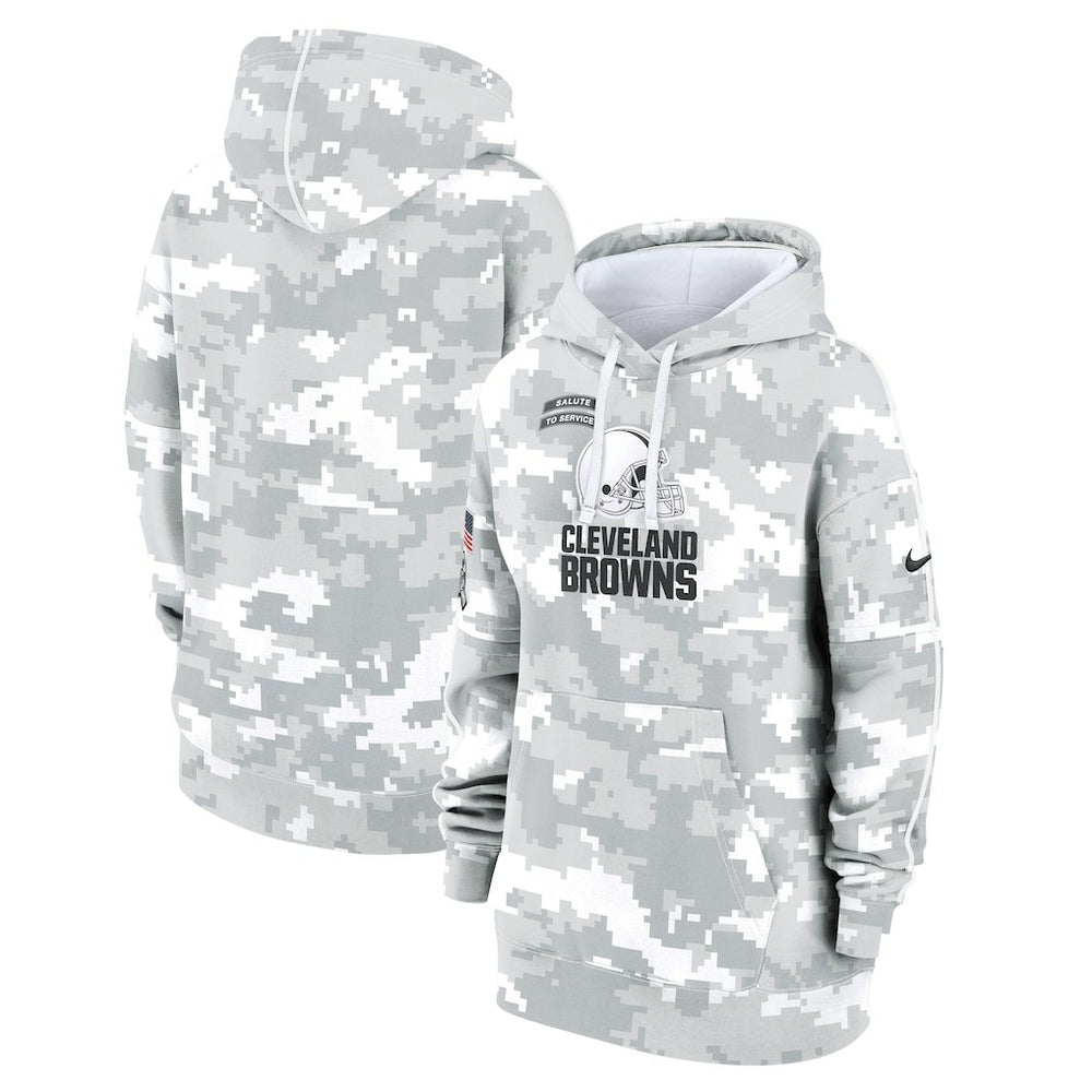Cleveland Browns Women's 2024 Salute To Service Club Fleece Oversized Pullover Hoodie Arctic Camo | Nike for Sale