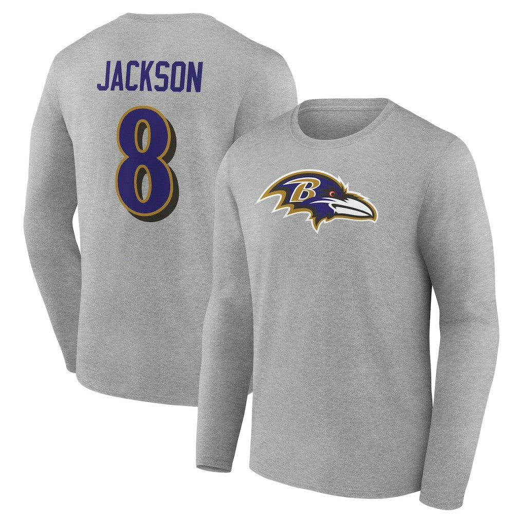 Lamar Jackson Baltimore Ravens Icon Player Name & Number Long Sleeve T-Shirt Gray | NFL