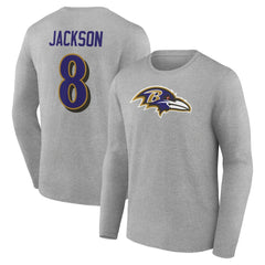 Lamar Jackson Baltimore Ravens Icon Player Name & Number Long Sleeve T-Shirt Gray | NFL