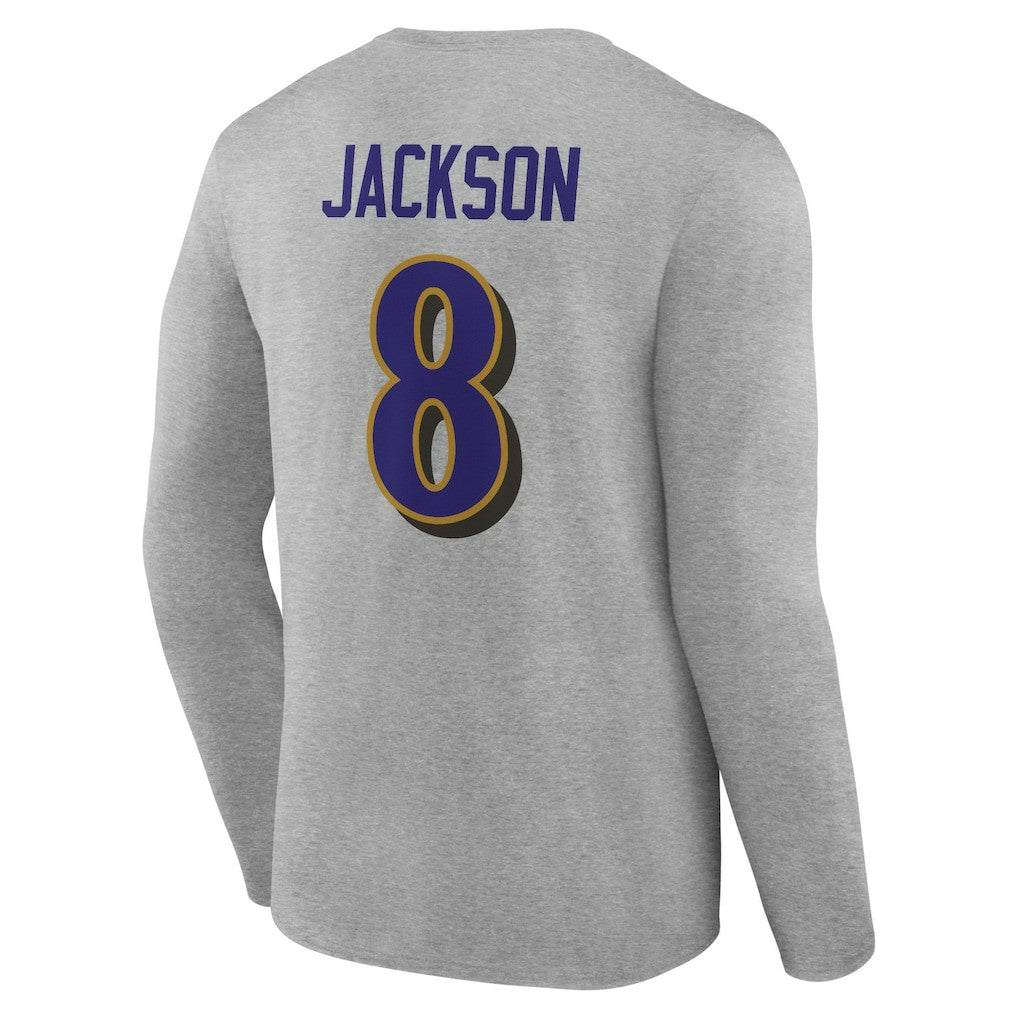 Lamar Jackson Baltimore Ravens Icon Player Name & Number Long Sleeve T-Shirt Gray | NFL