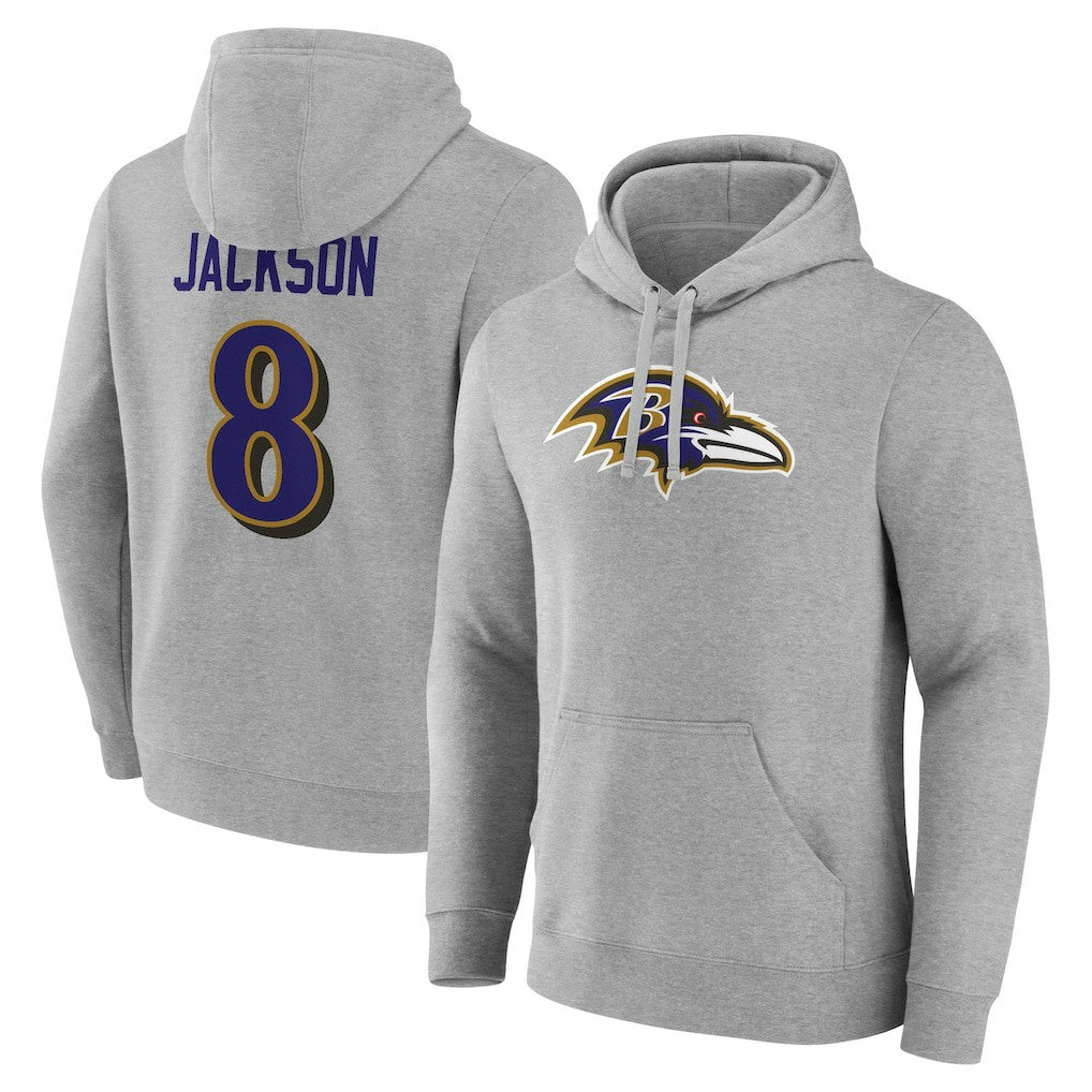 Lamar Jackson Baltimore Ravens Icon Player Name & Number Pullover Hoodie Gray | NFL