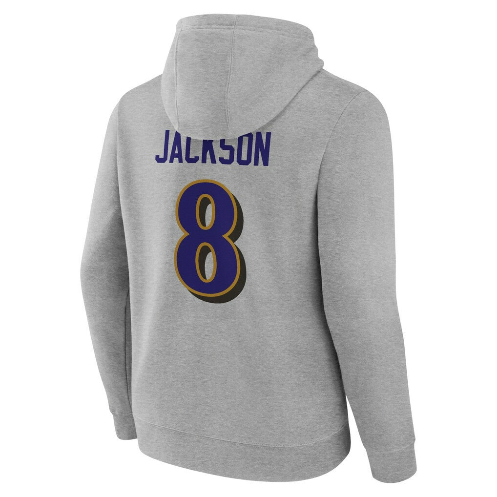Lamar Jackson Baltimore Ravens Icon Player Name & Number Pullover Hoodie Gray | NFL