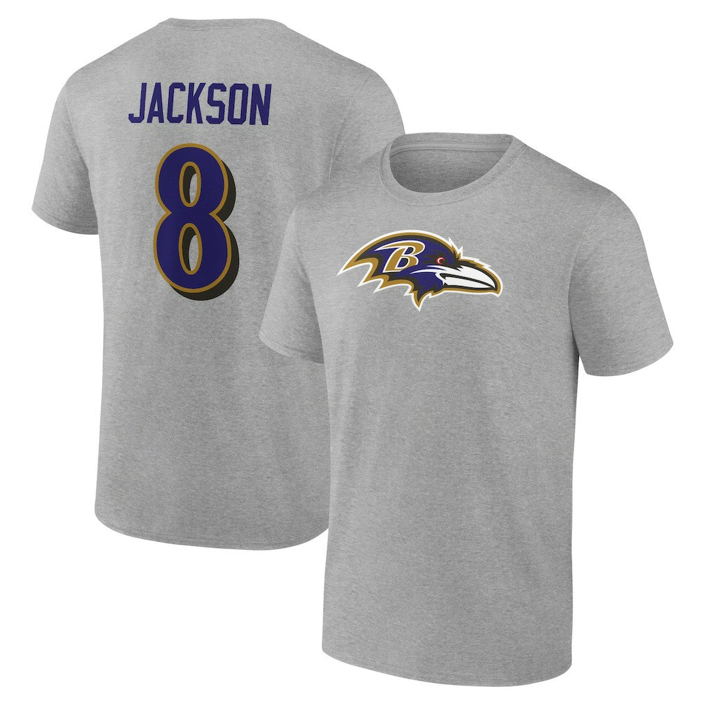 Lamar Jackson Baltimore Ravens Icon Player Name & Number T-Shirt Gray | NFL