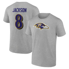 Lamar Jackson Baltimore Ravens Icon Player Name & Number T-Shirt Gray | NFL