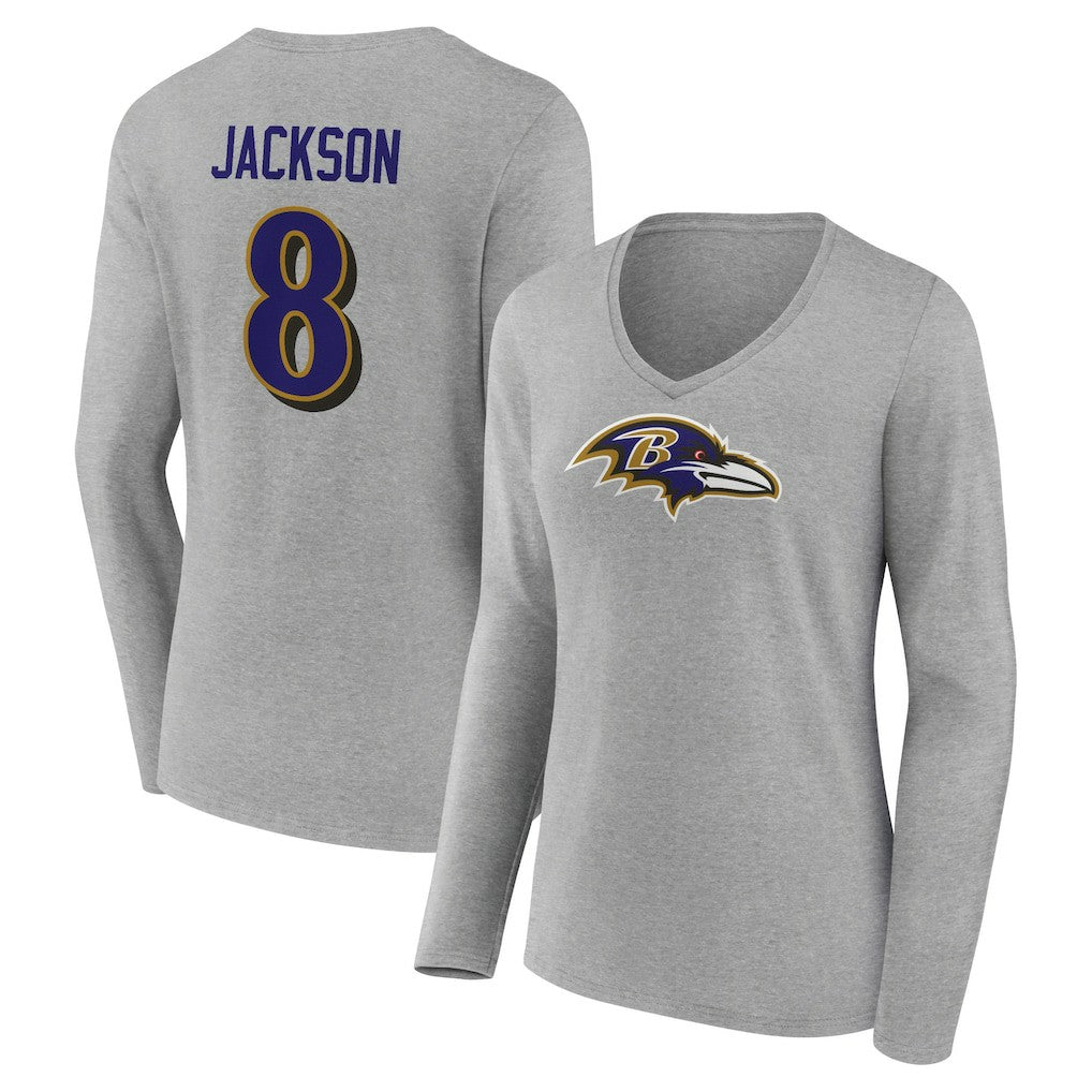 Lamar Jackson Baltimore Ravens Women's Icon Player Name & Number Long Sleeve V-Neck T-Shirt Gray | NFL