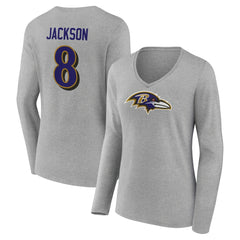 Lamar Jackson Baltimore Ravens Women's Icon Player Name & Number Long Sleeve V-Neck T-Shirt Gray | NFL