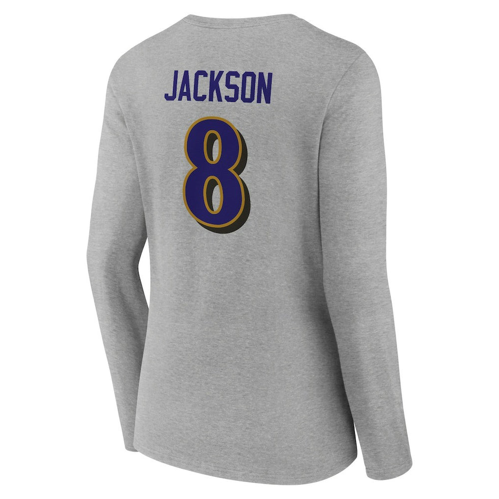 Lamar Jackson Baltimore Ravens Women's Icon Player Name & Number Long Sleeve V-Neck T-Shirt Gray | NFL