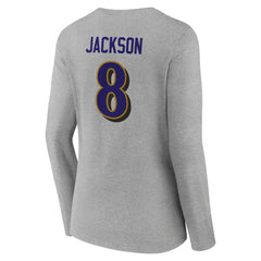 Lamar Jackson Baltimore Ravens Women's Icon Player Name & Number Long Sleeve V-Neck T-Shirt Gray | NFL