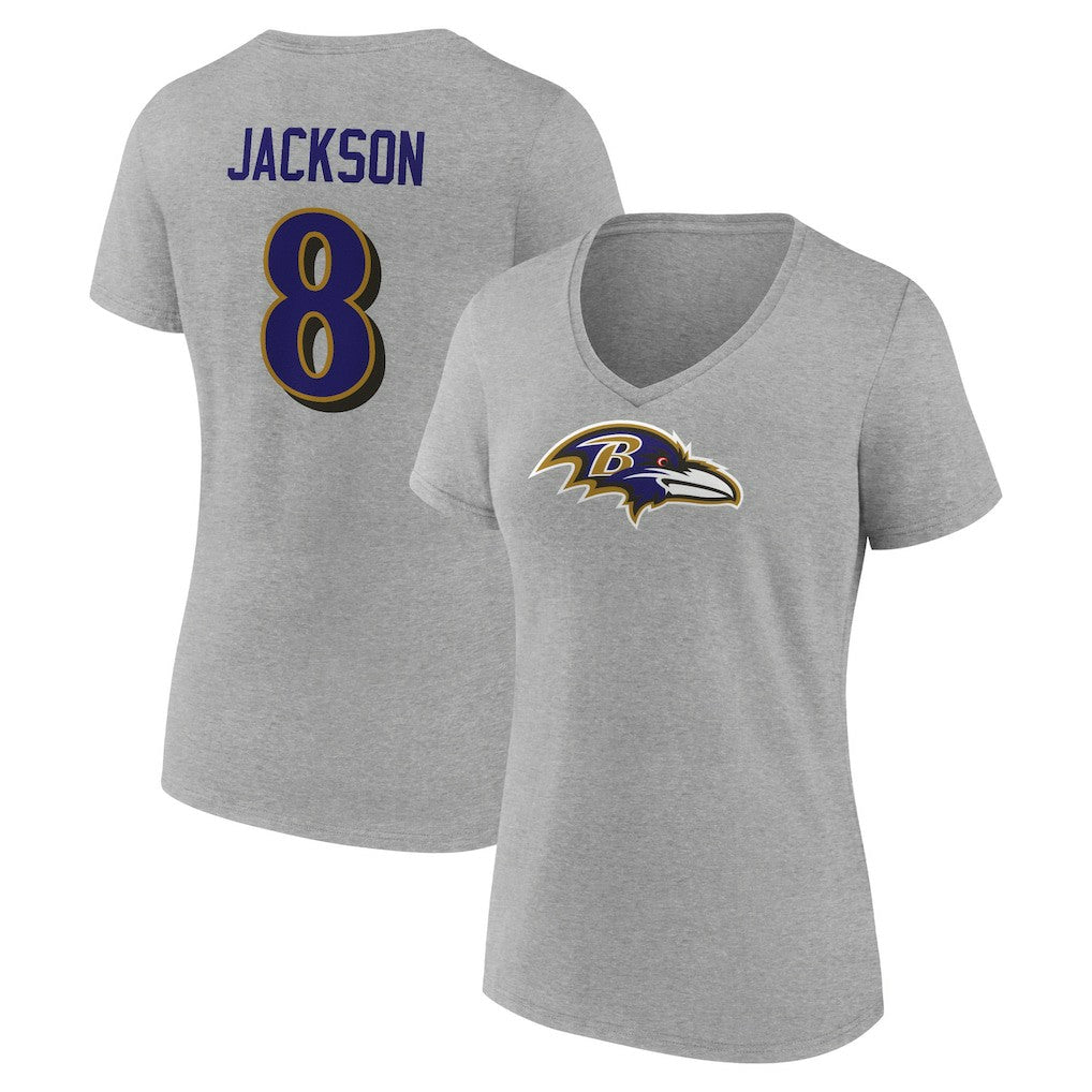 Lamar Jackson Baltimore Ravens Women's Icon Player Name & Number V-Neck T-Shirt Gray | NFL