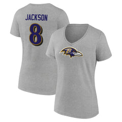 Lamar Jackson Baltimore Ravens Women's Icon Player Name & Number V-Neck T-Shirt Gray | NFL