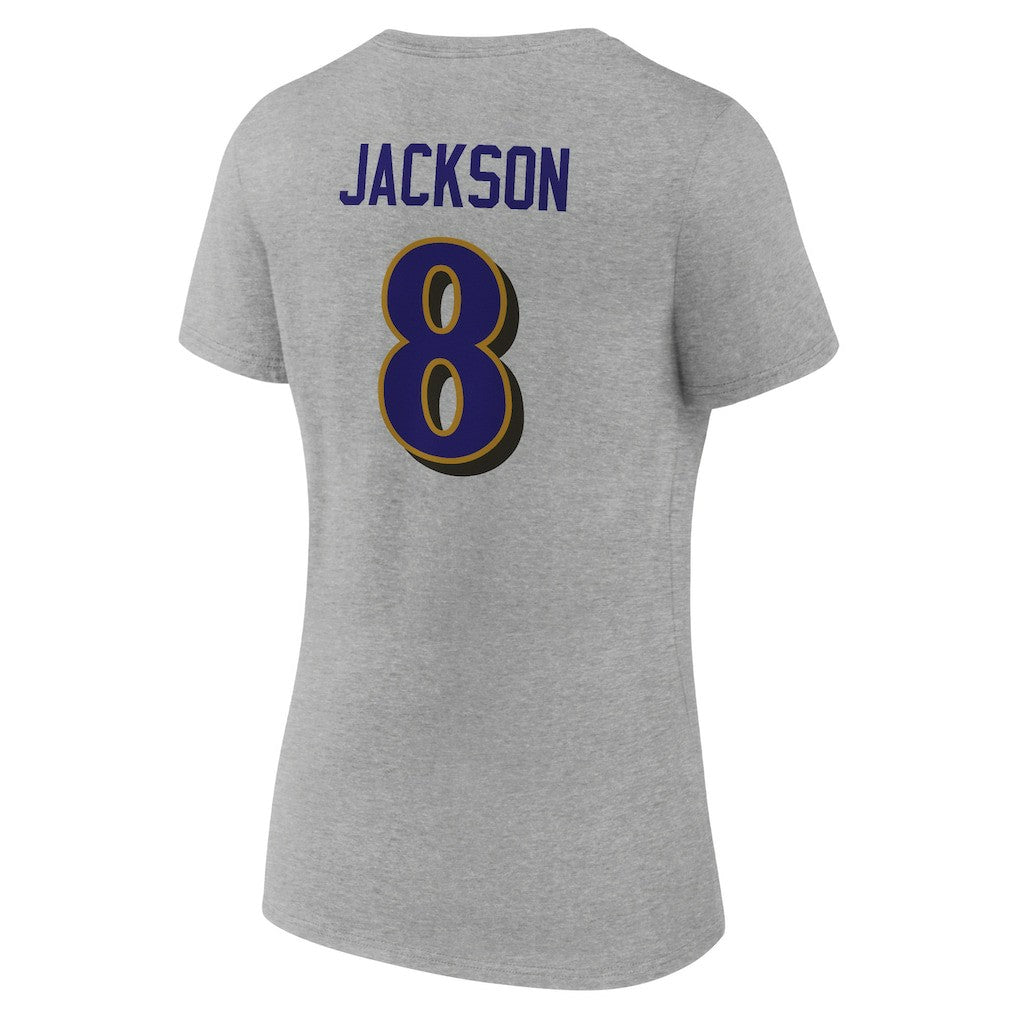 Lamar Jackson Baltimore Ravens Women's Icon Player Name & Number V-Neck T-Shirt Gray | NFL
