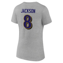 Lamar Jackson Baltimore Ravens Women's Icon Player Name & Number V-Neck T-Shirt Gray | NFL
