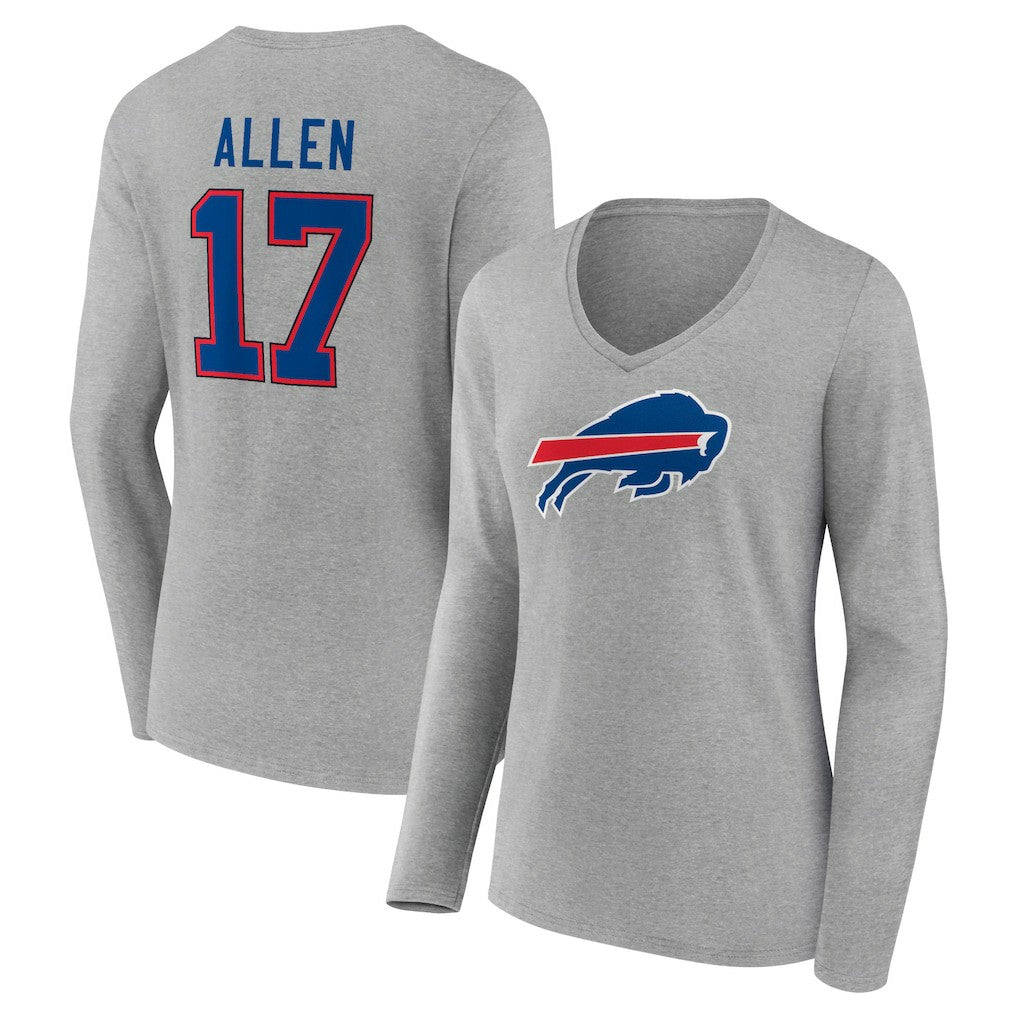 Josh Allen Buffalo Bills Women's Icon Player Name & Number Long Sleeve V-Neck T-Shirt Gray | NFL