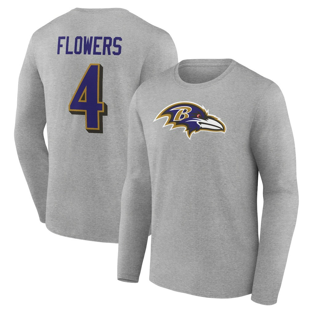 Zay Flowers Baltimore Ravens Icon Player Name & Number Long Sleeve T-Shirt Gray | NFL