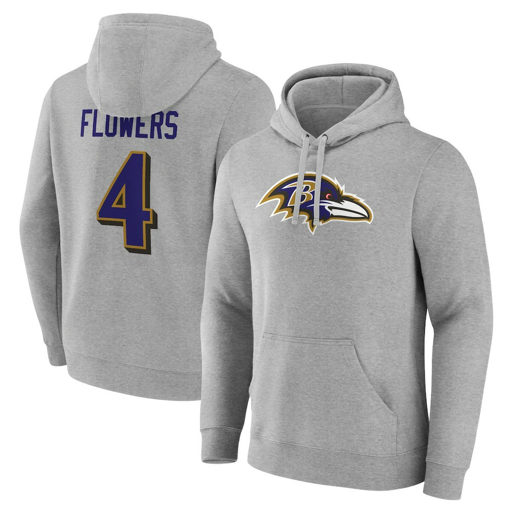 Zay Flowers Baltimore Ravens Icon Player Name & Number Pullover Hoodie Gray | NFL