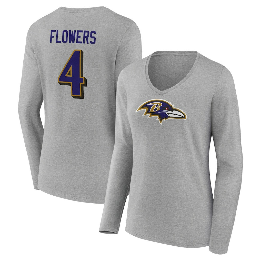 Zay Flowers Baltimore Ravens Women's Icon Player Name & Number Long Sleeve V-Neck T-Shirt Gray | NFL