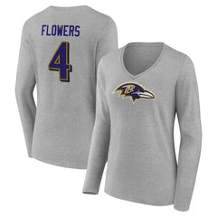 Zay Flowers Baltimore Ravens Women's Icon Player Name & Number Long Sleeve V-Neck T-Shirt Gray | NFL